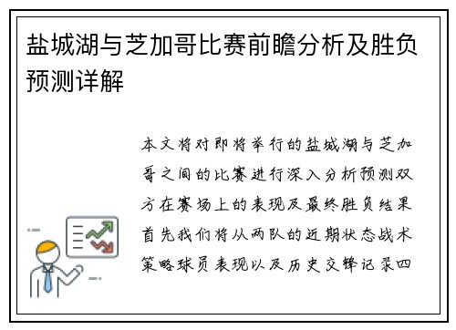 盐城湖与芝加哥比赛前瞻分析及胜负预测详解