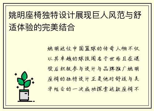 姚明座椅独特设计展现巨人风范与舒适体验的完美结合